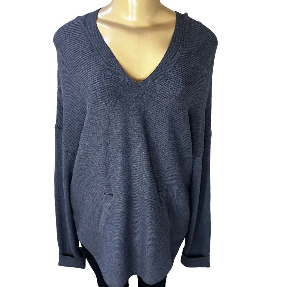Oversized dropped sleeve rib knit pullover hooded sweater w kangaroo pocket L